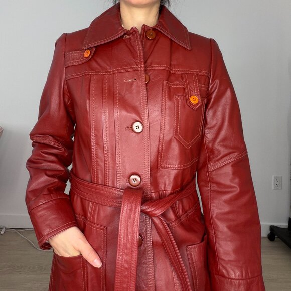 deep red leather trench coat S - Picture 5 of 11